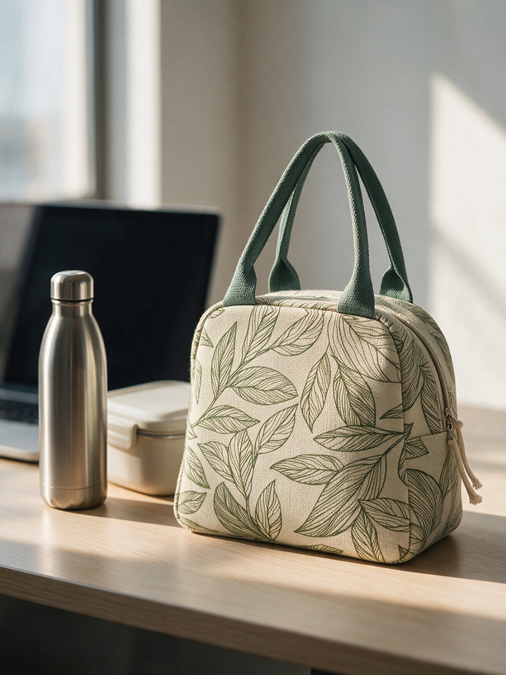 Botanical Print Insulated Jute Canvas Lunch Bag