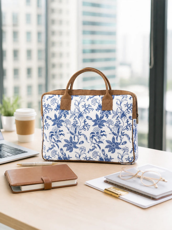 Blue Floral Canvas Laptop Bag