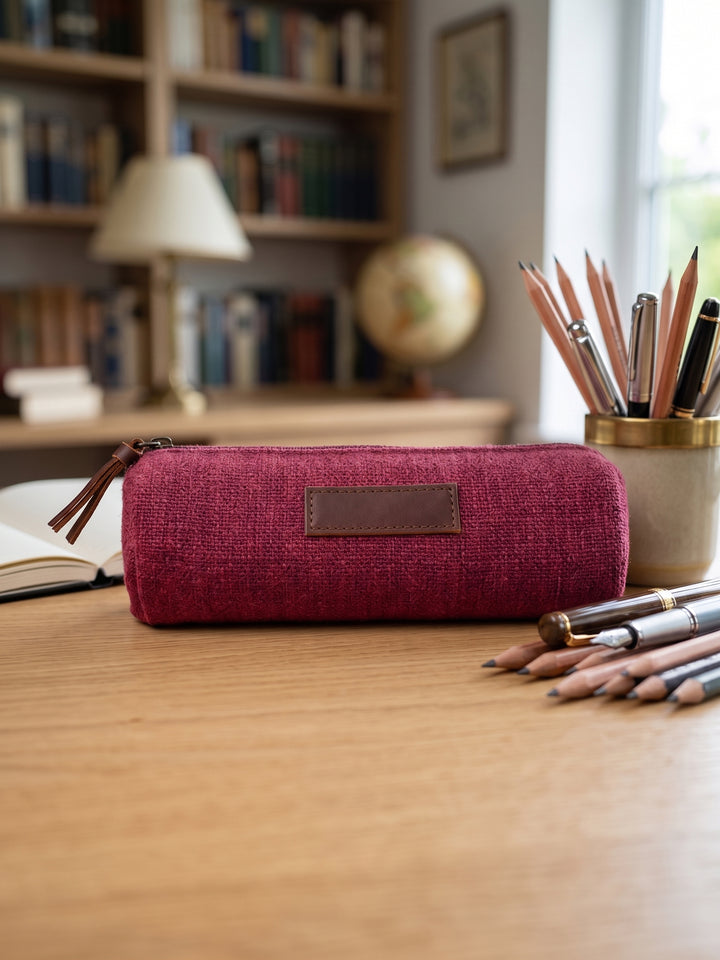 Burgundy Washed Jute Pencil Pouch