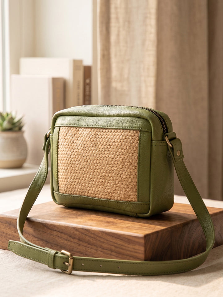 Olive Weave Jute ML16 Vegan Leather Crossbody Bag