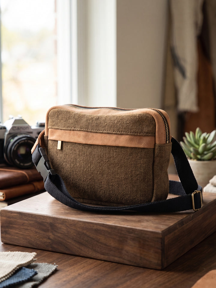 Rustic Heritage Washed Jute & Leather Crossbody Bag