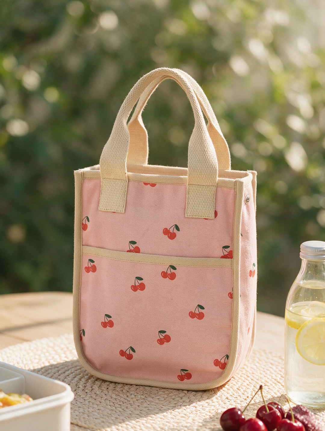 Cherry Print Insulated Cotton Canvas Lunch Bag