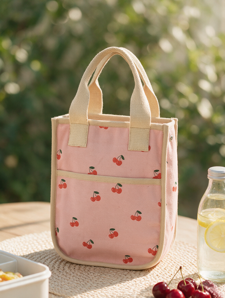 Cherry Print Insulated Cotton Canvas Lunch Bag